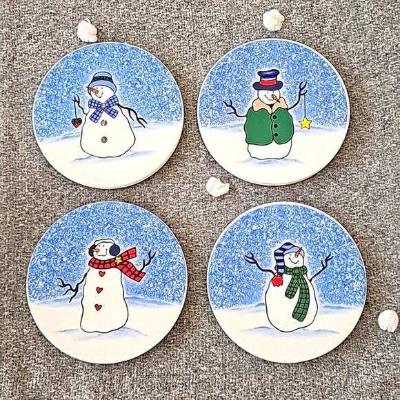 St. Nicholas Square Button Up Set of 4 Winter Snowman Stone Coasters 4.5" Dia. - Picture 3 of 8